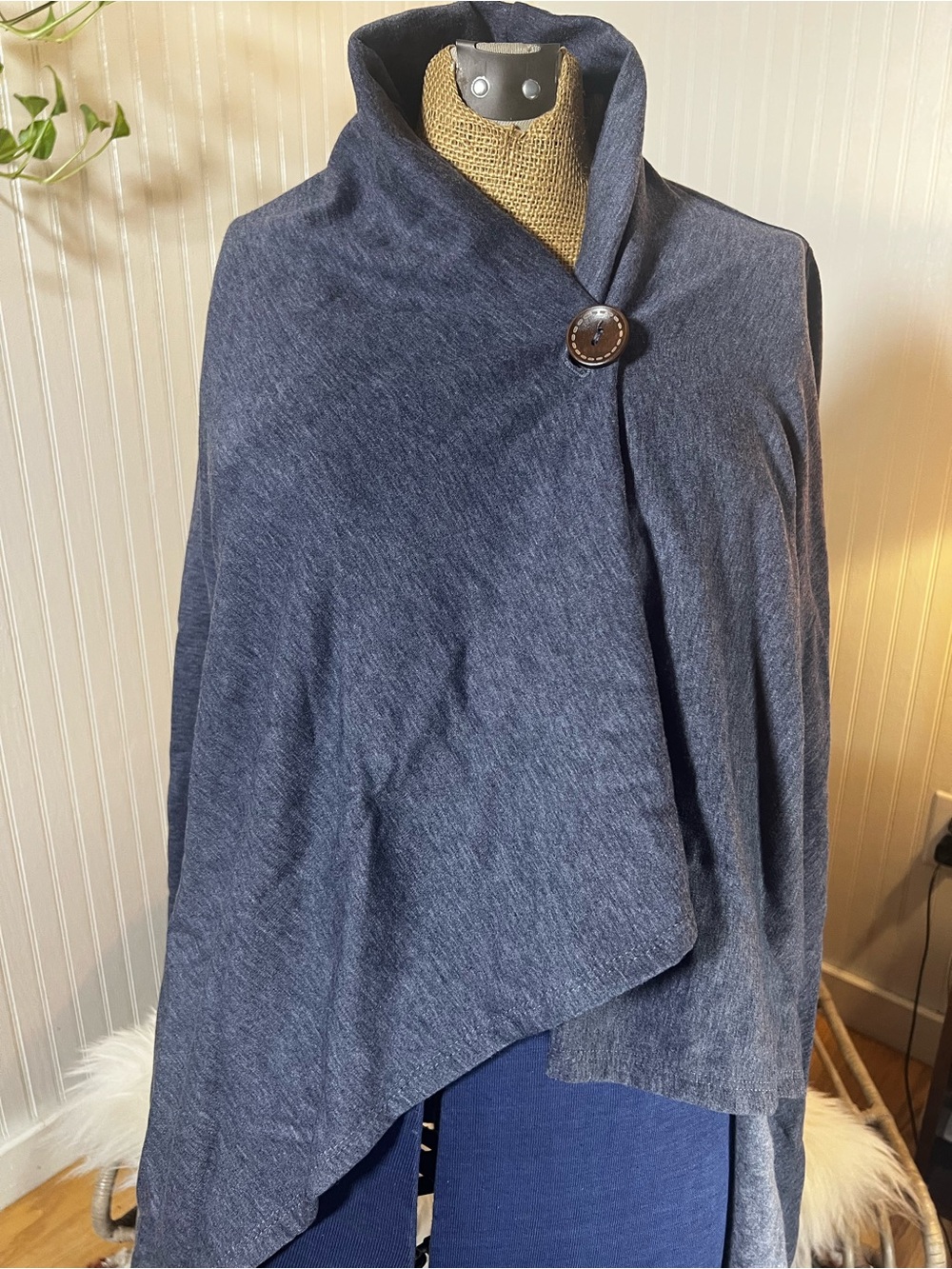 Women's Shawl Collar Button Poncho Sweater - gray